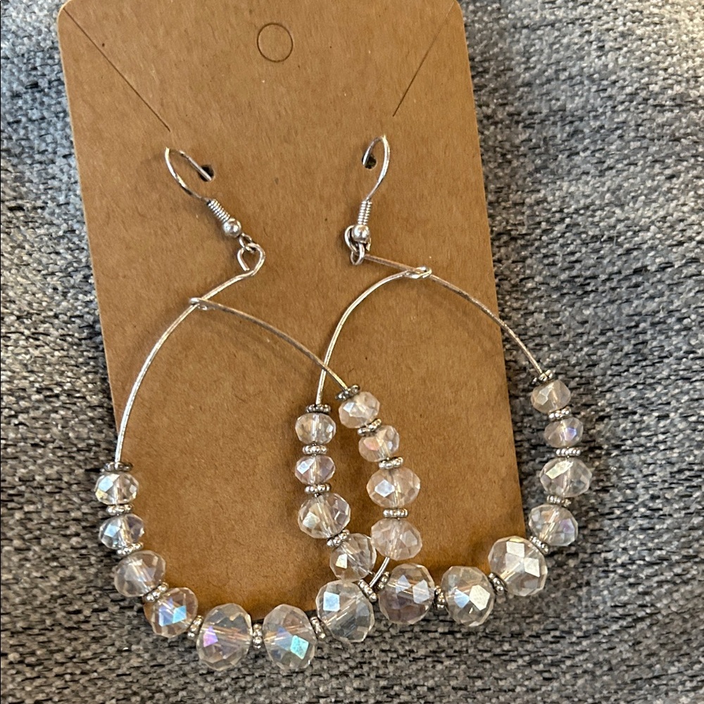 Silver Crystal Hoop Earrings - Clear Bead Accent
